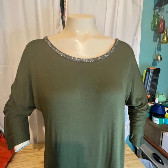 APT. 9 3/4 SLEEVE OLIVE SHIRT WITH EMBELISHED NECK LINE, NWT SIZE L - Picture 4 of 6